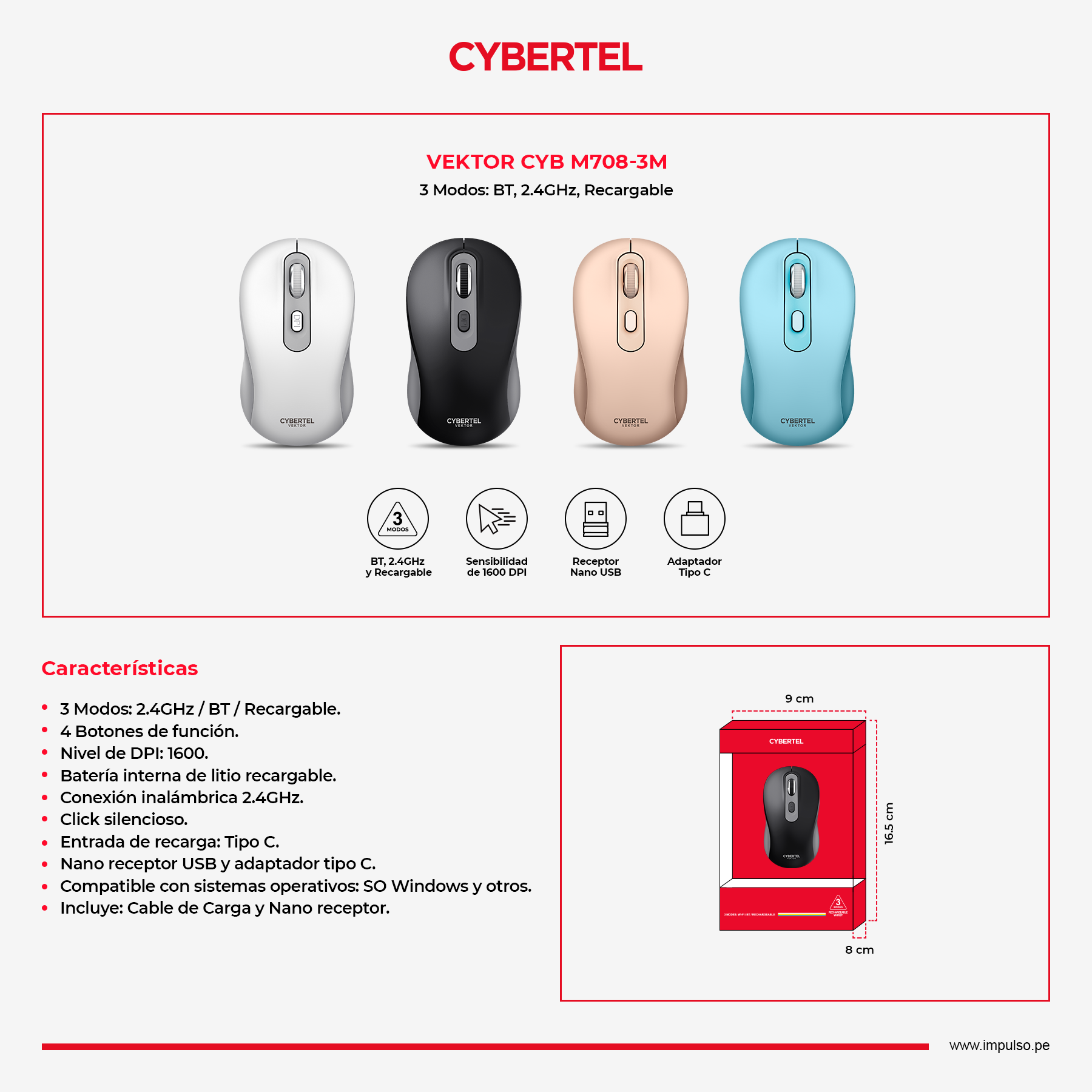 Mouse Cybertel Inalambrico Vektor - CYB M708-3m - Imagen 2